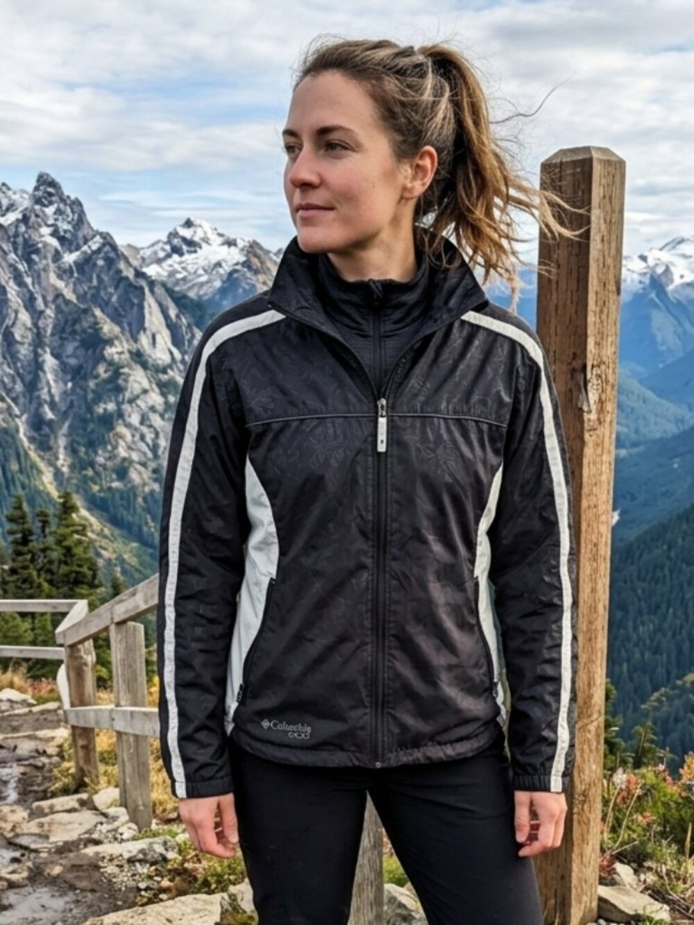 Columbia Windbreaker in Black and White with Floral Print